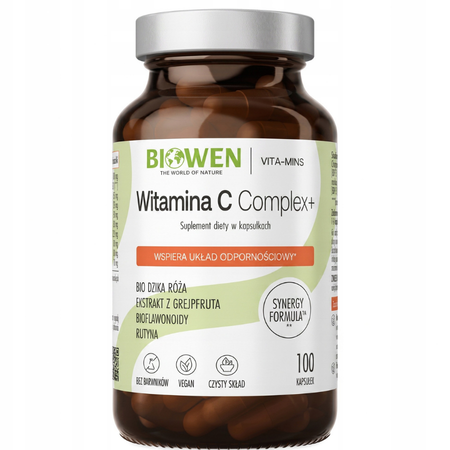 Biowen Witamina C Complex+ – naturalna witamina C z dzikiej róży, grejpfruta i perełkowca, 100 kapsułek dla odporności i kolagenu
