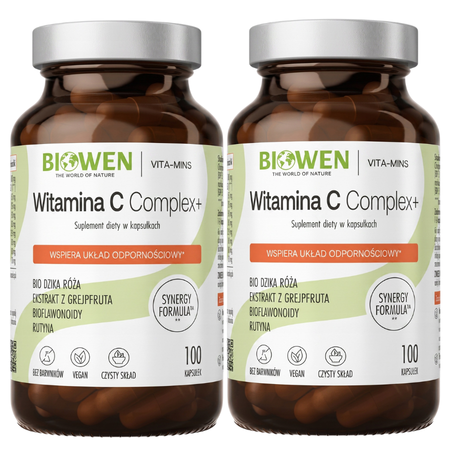 Biowen Witamina C Complex+ – naturalna witamina C z dzikiej róży, grejpfruta i perełkowca, 100 kapsułek dla odporności i kolagenu
