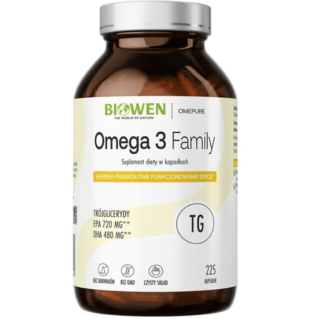 Biowen Omega 3 Family TG – 225 kapsułek z olejem rybim z sardeli peruwiańskiej, zawierających DHA, EPA i witaminę E, w szklanym opakowaniu