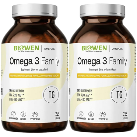 Biowen Omega 3 Family TG – 225 kapsułek z olejem rybim z sardeli peruwiańskiej, zawierających DHA, EPA i witaminę E, w szklanym opakowaniu