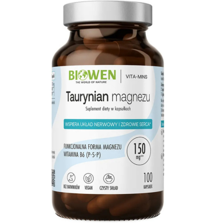 Taurynian Magnezu Biowen – suplement diety z magnezem i witaminą B6, 100 kapsułek
