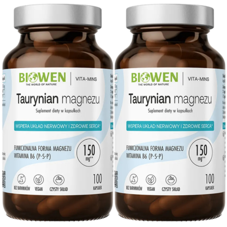 2x Taurynian Magnezu Biowen – suplement diety z magnezem i witaminą B6, 100 kapsułek