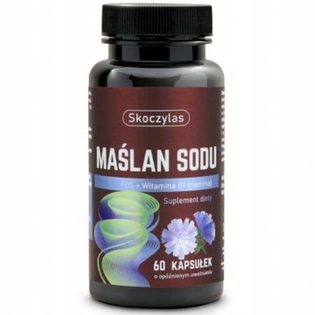 Skoczylas Maślan Sodu + FOS z Witaminą B1 DR 60 kapsułek – mikrootoczkowany maślan sodu i FOS