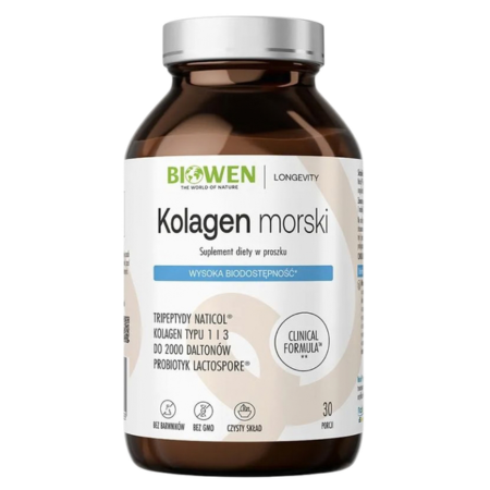 Biowen Kolagen morski typu I i III z dzikiego dorsza – 225 g. Kolagen w proszku z witaminą C i bioaktywnymi peptydami Naticol®, wspierający skórę, stawy i naczynia krwionośne.