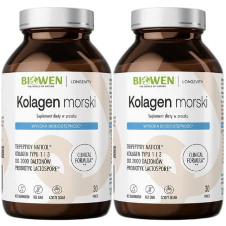 2x Biowen Kolagen morski typu I i III z dzikiego dorsza – 225 g. Kolagen w proszku z witaminą C i bioaktywnymi peptydami Naticol®, wspierający skórę, stawy i naczynia krwionośne.
