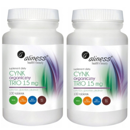 Cynk Organiczny Trio Aliness 100 tabletek – suplement diety z trzema formami cynku, wspierający odporność, skórę i metabolizm