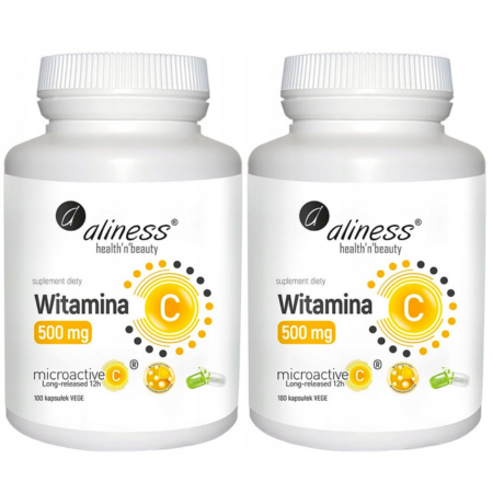 Witamina C 500 mg microactive 12h Aliness – 100 kapsułek VEGE, suplement diety o przedłużonym uwalnianiu wspierający odporność i zdrowie organizmu