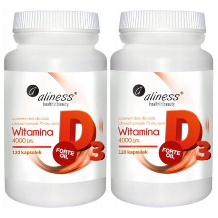 Witamina D3 FORTE OIL 4000 j.m. Aliness – 120 kapsułek olejowych z naturalną witaminą D w oliwie z oliwek. Suplement wspierający odporność, kości i gospodarkę wapniową.