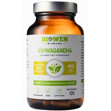 Ashwagandha Biowen 120 kapsułek – suplement diety z ekstraktem z żeń-szenia indyjskiego, standaryzowany na 10% witanolidów, w szklanym opakowaniu