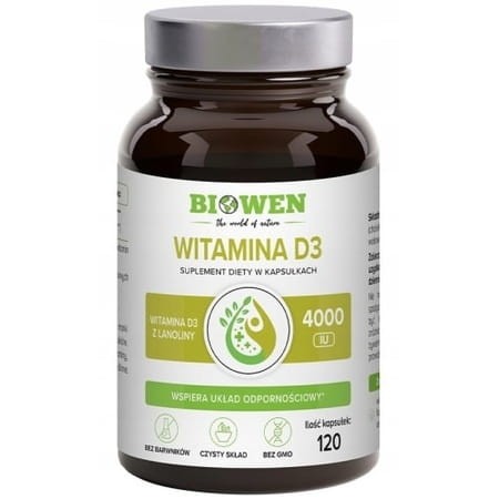 Opakowanie Biowen Witamina D3 120 kapsułek – naturalna D3 z lanoliny w oliwie z oliwek, czysty skład