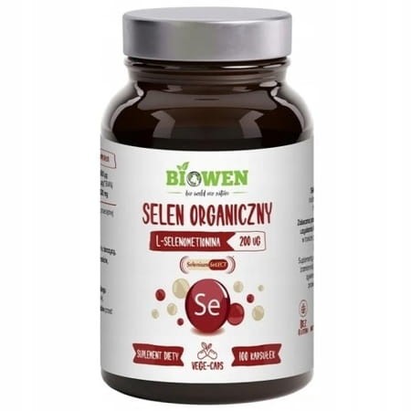 Selen Organiczny Biowen 200 µg – suplement diety, 100 kapsułek w szklanym opakowaniu, L-selenometionina, produkt wegański