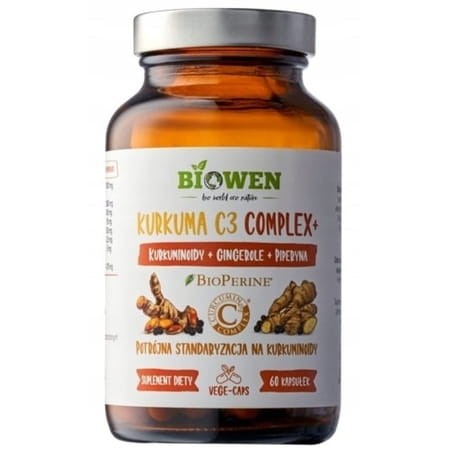 Kurkuma C3 Complex+ Biowen – 60 kapsułek. Suplement diety z kurkumą, imbirem i piperyną. Wsparcie trawienia, działanie przeciwzapalne i antyoksydacyjne.