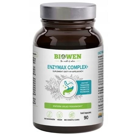 EnzyMax Complex+ Biowen – 90 kapsułek, kompleks enzymów trawiennych, błonnik Inavea™, rozmaryn, synbiotyk, suplement diety, opakowanie szklane, wegański
