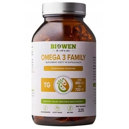 Biowen Omega 3 Family TG – 225 kapsułek z olejem rybim z sardeli peruwiańskiej, zawierających DHA, EPA i witaminę E, w szklanym opakowaniu