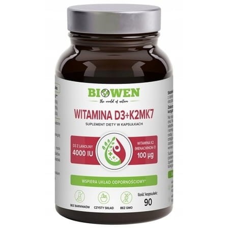 Opakowanie Biowen Witamina D3+K2 90 kapsułek – suplement z D3 z lanoliny i K2 z natto w oleju MCT, czysty skład