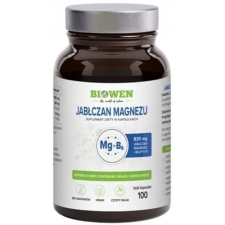 Biowen Jabłczan Magnezu z witaminą B6 Complex+ 100 kapsułek – suplement diety o wysokiej przyswajalności, wspierający układ nerwowy, mięśnie i metabolizm energetyczny