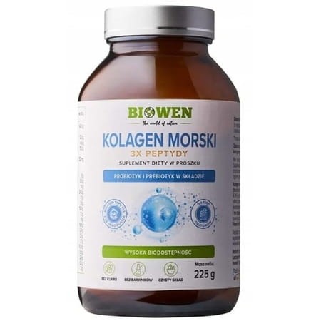 Biowen Kolagen morski typu I i III z dzikiego dorsza – 225 g. Kolagen w proszku z witaminą C i bioaktywnymi peptydami Naticol®, wspierający skórę, stawy i naczynia krwionośne.