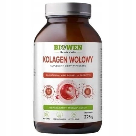 Biowen Kolagen wołowy z glukozaminą, MSM i boswellią – 225 g. Suplement diety w proszku wspierający stawy, skórę i układ ruchu. Szklane opakowanie, czysty skład.