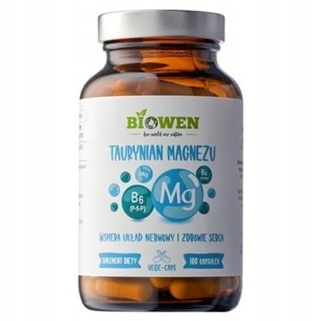 Taurynian Magnezu Biowen – suplement diety z magnezem i witaminą B6, 100 kapsułek, opakowanie szklane, produkt wegański