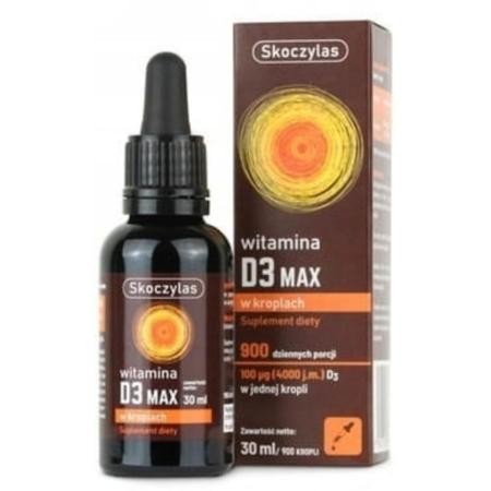 Skoczylas Witamina D3 MAX 4000 IU – krople 30 ml z cholekalcyferolem, wspierające odporność, kości i wchłanianie wapnia.
