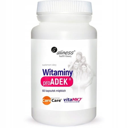 Opakowanie suplementu Aliness ProADEK® – naturalne witaminy A, D3, E i K2 (VitaMK7®), 60 kapsułek, wspierające odporność, kości i wzrok.