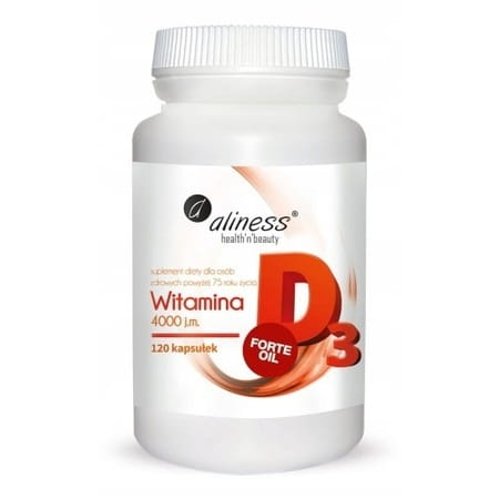 Witamina D3 FORTE OIL 4000 j.m. Aliness – 120 kapsułek olejowych z naturalną witaminą D w oliwie z oliwek. Suplement wspierający odporność, kości i gospodarkę wapniową.