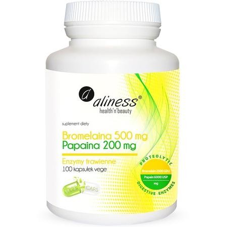 Suplement diety Aliness Bromelaina 500 mg i Papaina 200 mg – naturalne enzymy trawienne w kapsułkach VEGE, opakowanie 100 sztuk