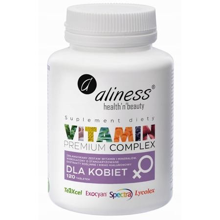 Vitamin Premium Complex dla kobiet Aliness – opakowanie 120 tabletek. Suplement diety z witaminami, minerałami, kwasem hialuronowym i ekstraktami roślinnymi wspierający odporność, skórę, włosy i paznokcie.