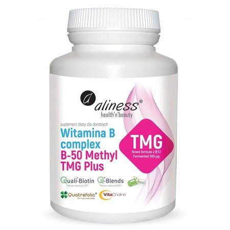 Witamina B Complex B-50 Methyl TMG PLUS Aliness – opakowanie 100 kapsułek Vege z kompleksem witamin z grupy B, choliną, folianem Quatrefolic® i metylowaną B12.