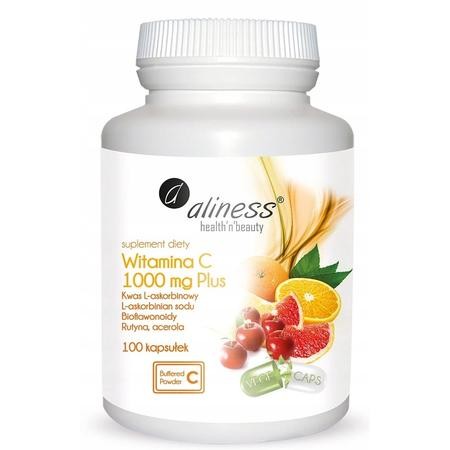 Witamina C 1000 mg Plus Aliness – 100 kapsułek vege z rutyną i acerolą. Buforowana formuła wspierająca odporność, kolagen i zdrowie naczyń.