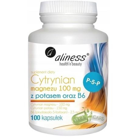 Cytrynian Magnezu z Potasem i witaminą B6 Aliness – 100 kapsułek, naturalny suplement diety w formie vege caps, bez sztucznych dodatków.