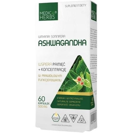 Ashwagandha 500 mg 60 kapsułek Medica Herbs – suplement diety z ekstraktem Withania somnifera
