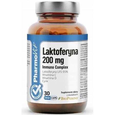 Laktoferyna 200 mg Immuno Complex – opakowanie suplementu diety z laktoferyną, witaminą C, D i cynkiem, wspierające odporność i zdrowie dorosłych.